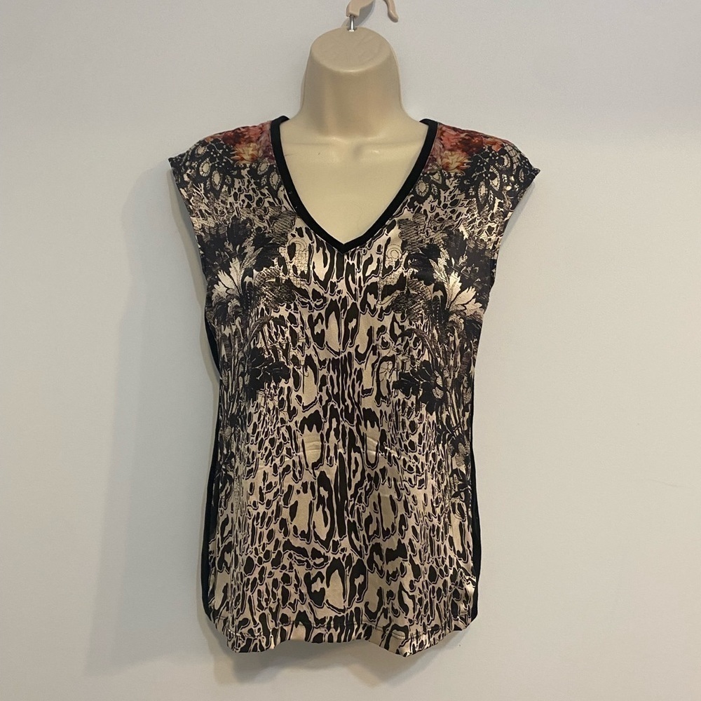 Marc Cain size 4 Object of Love Print stretch tank top Velvety trim